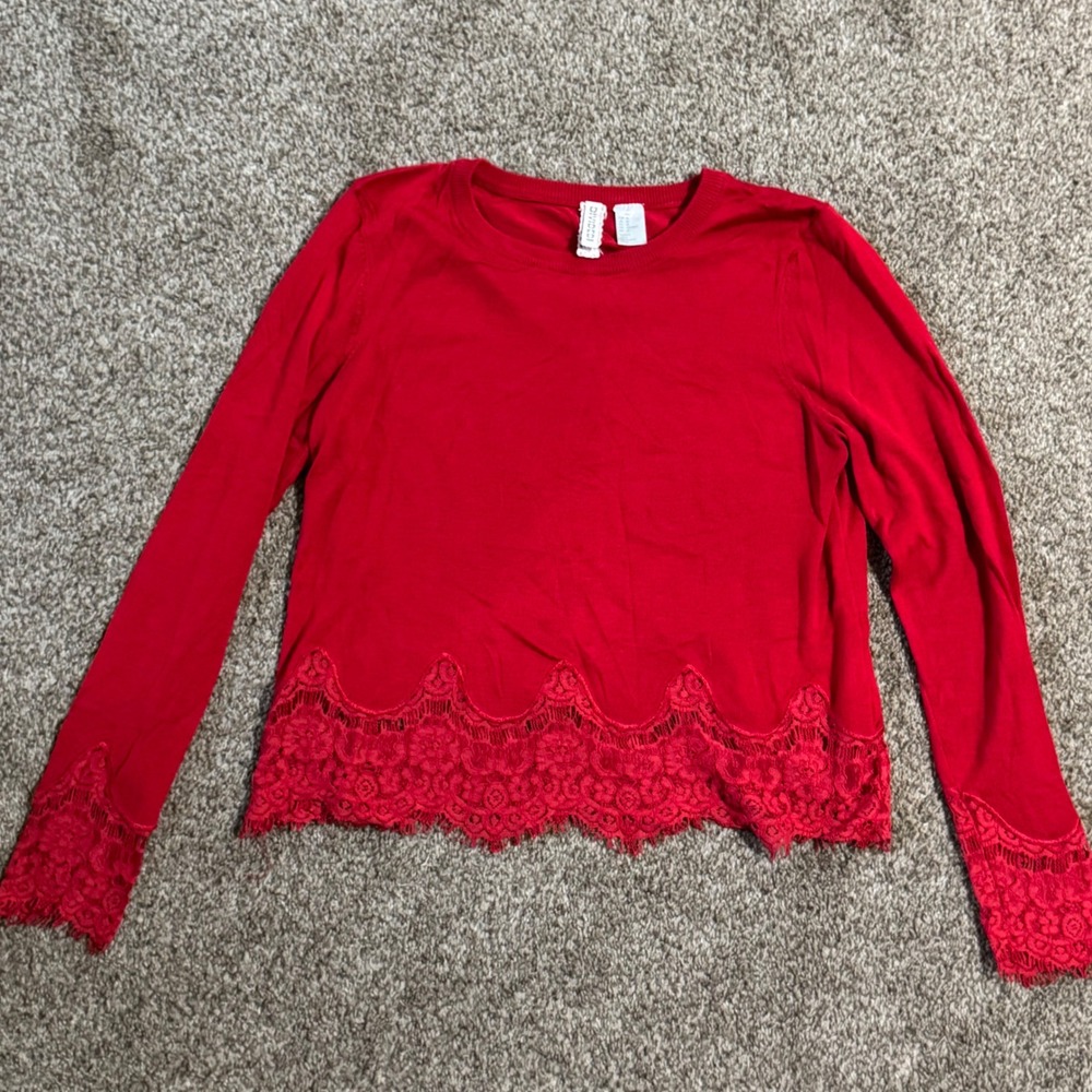 Womens Red Long Sleeve Lace Trim Scalloped Hem Cropped Top Size M